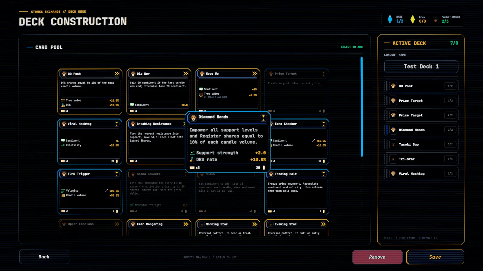 TICKER deck construction screen showing cards being assembled into a market strategy.