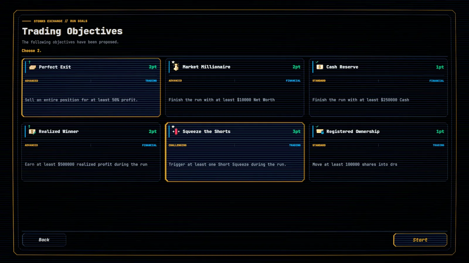 TICKER trading objectives screen showing selectable goals for a run.