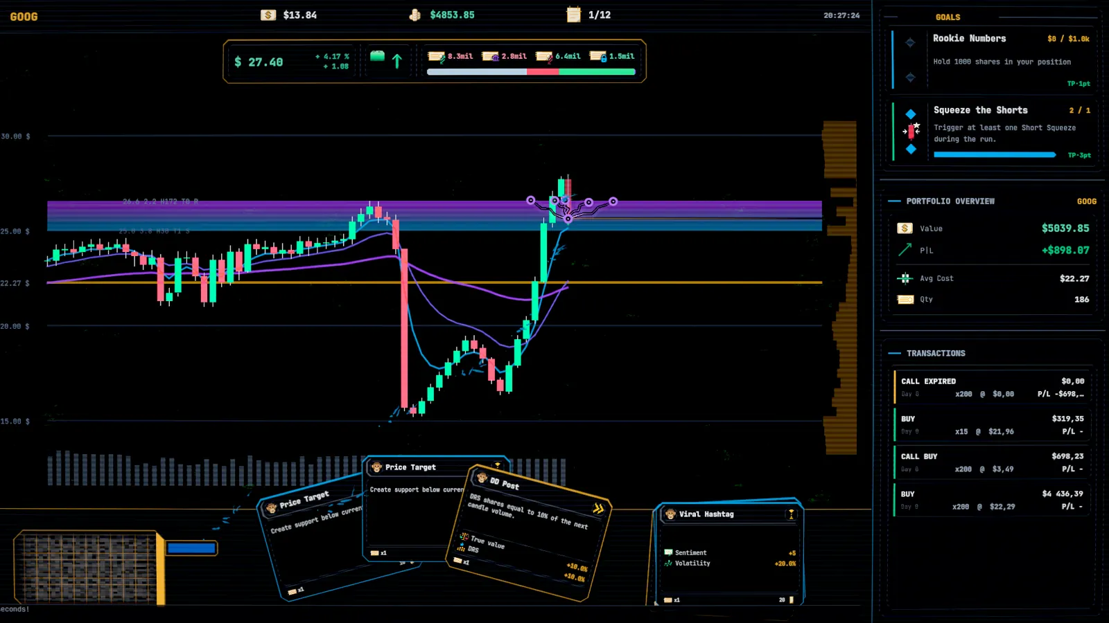 TICKER market rally screen showing prices rising during a simulated market phase.
